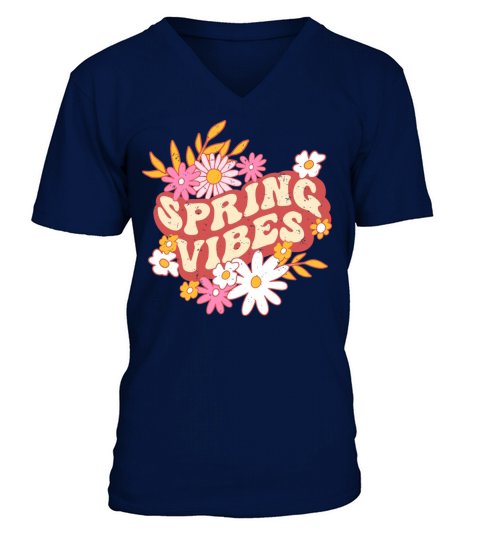 Retro slogan spring vibes hippie flowers colorful V-Neck T-shirt
