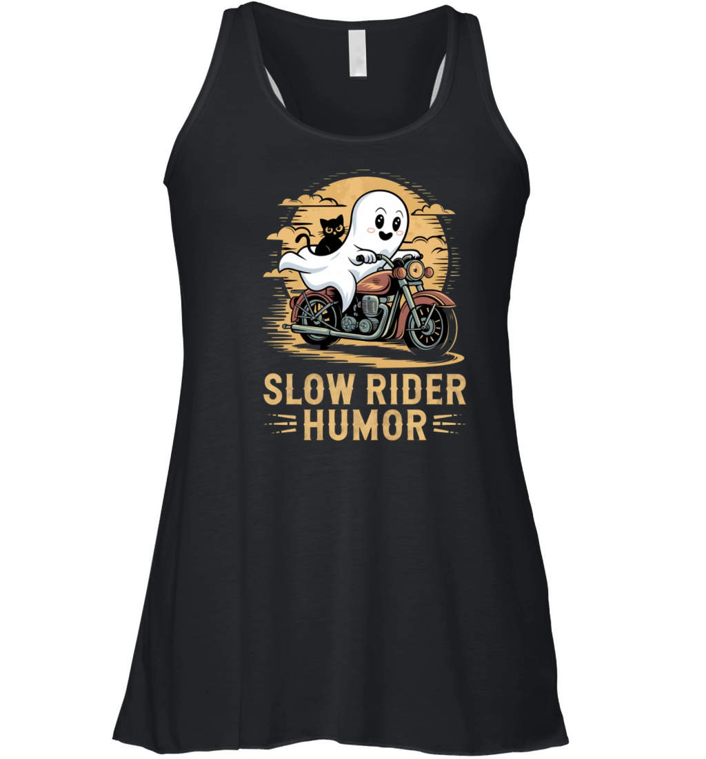 Slow Rider Humor Ghost and Cat Motorcycle Fun Art Women's Flowy Tank Top