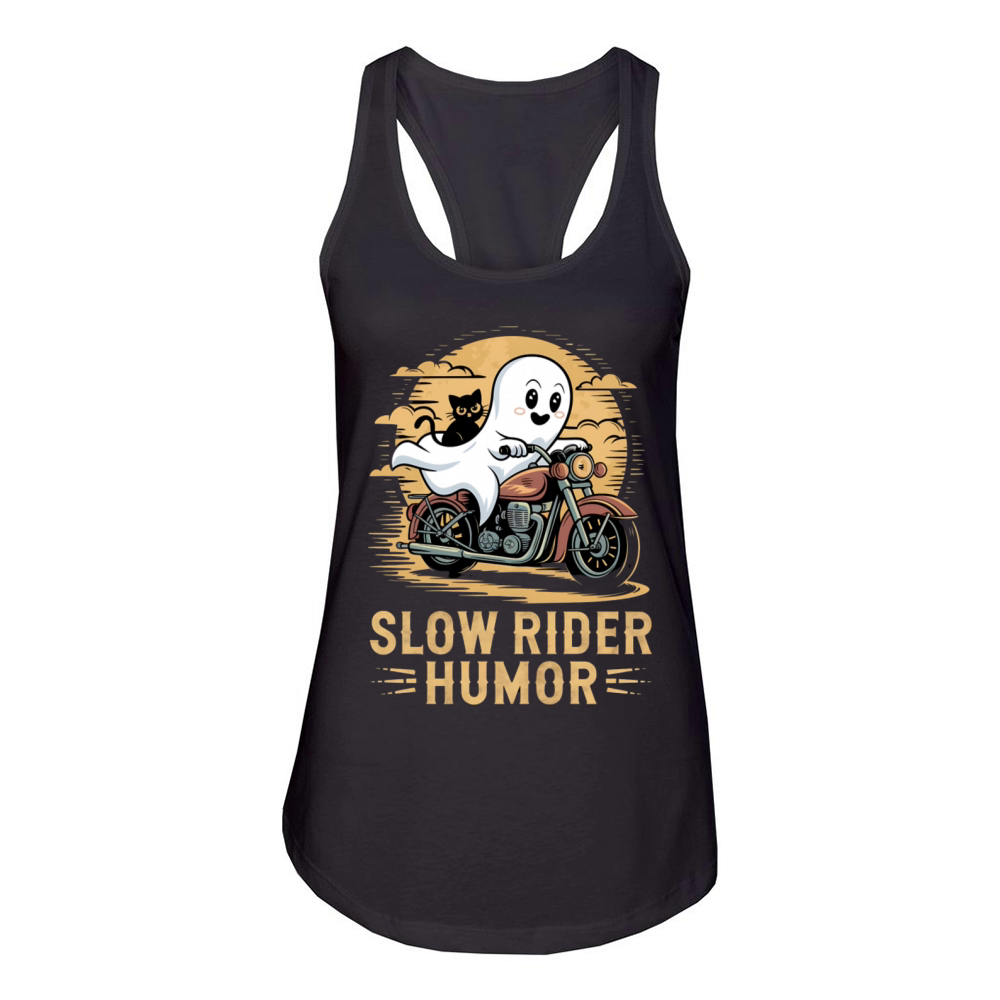 Slow Rider Humor Ghost and Cat Motorcycle Fun Art Women's Racerback Tank
