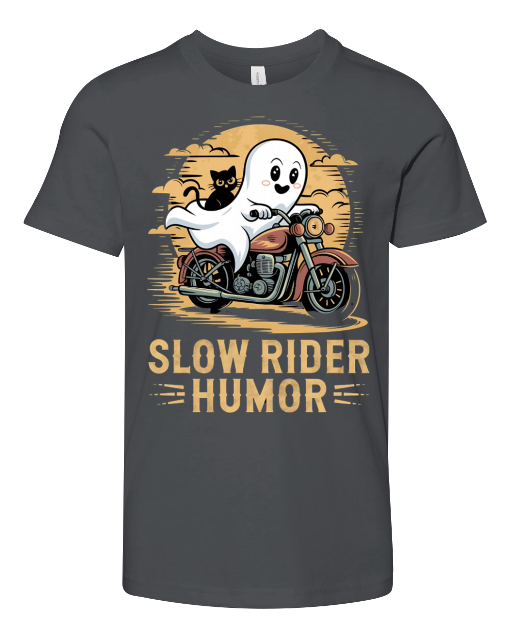 Slow Rider Humor Ghost and Cat Motorcycle Fun Art Youth Unisex Jersey Tee
