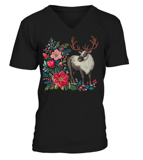 Charming Caribou with Floral Ornaments V-Neck T-shirt