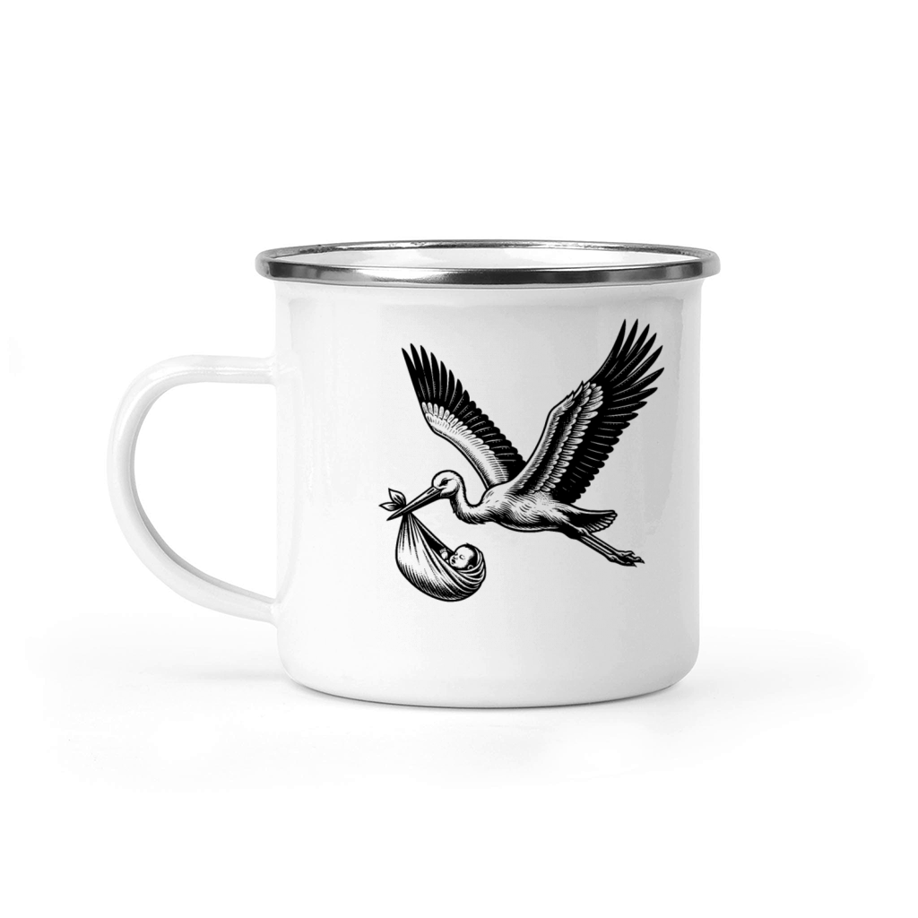 Vintage Stork Carrying Baby Illustration for New Camping Mug