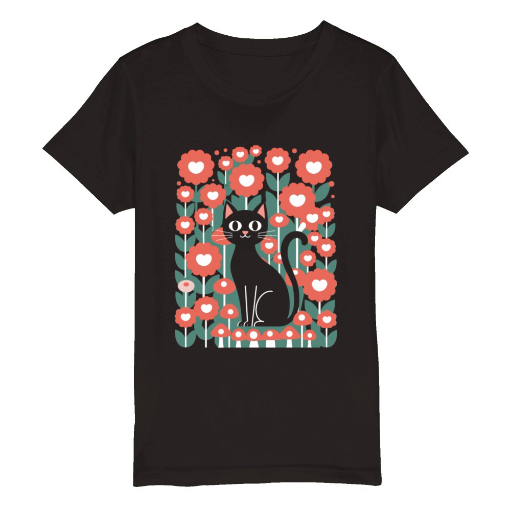 Cottagecore Cat in Floral Organic Kids Crewneck T-shirt