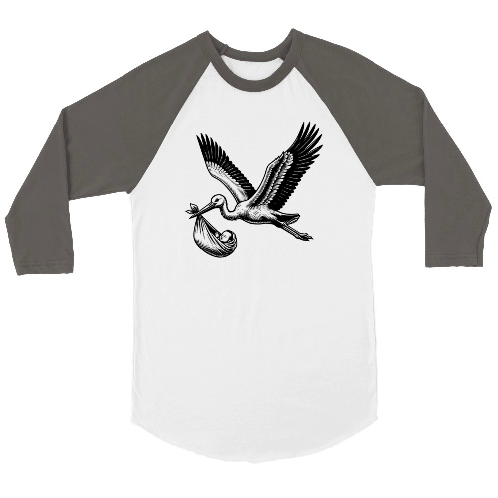 Vintage Stork Carrying Baby Illustration for New Unisex ¾ sleeve Raglan T-shirt