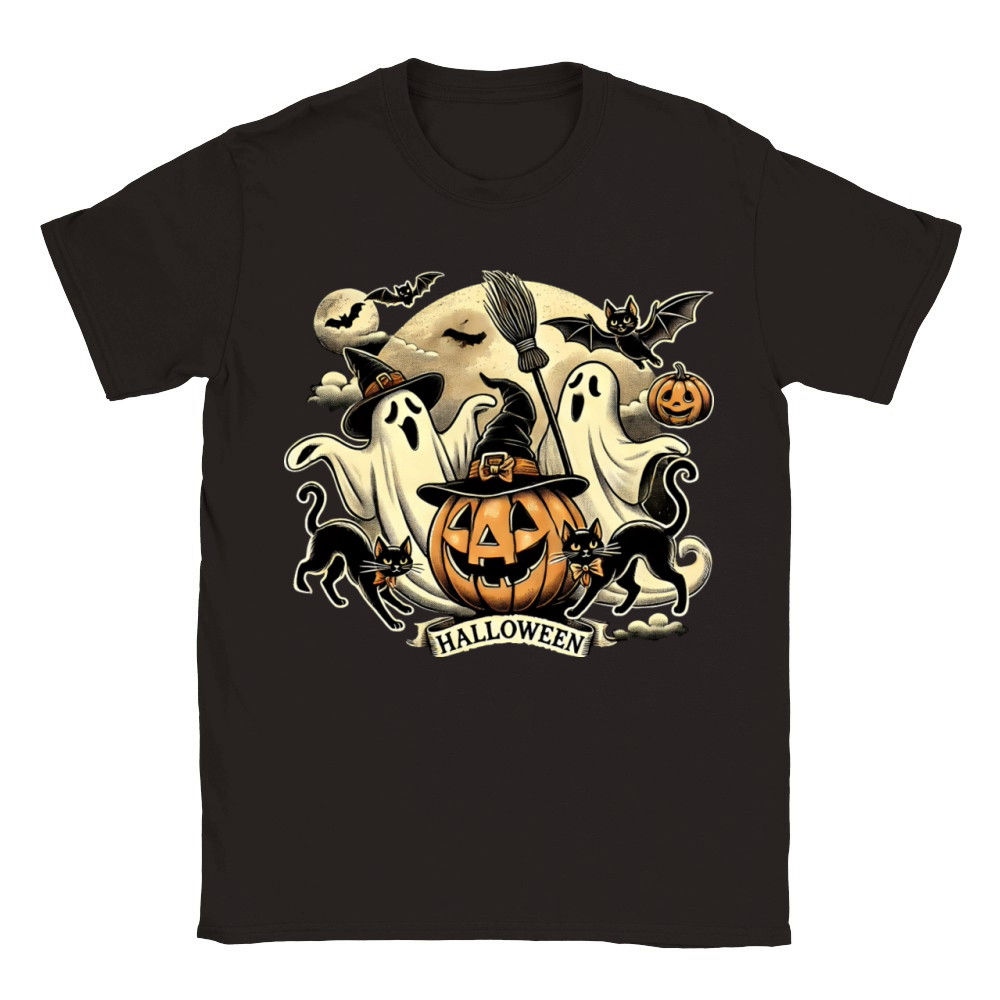 Vintage Halloween Ghosts and Black Cats Retro Classic Kids Crewneck T-shirt