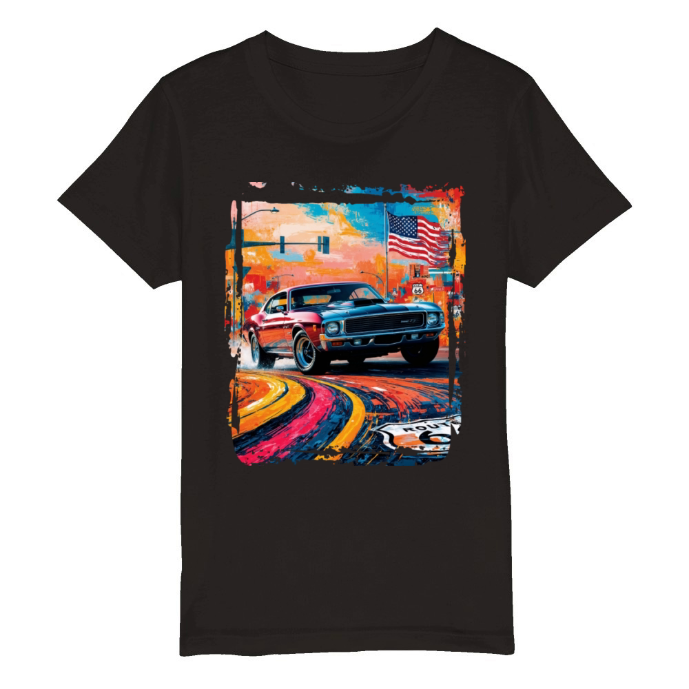 American Muscle Car Route 66 Organic Kids Crewneck T-shirt