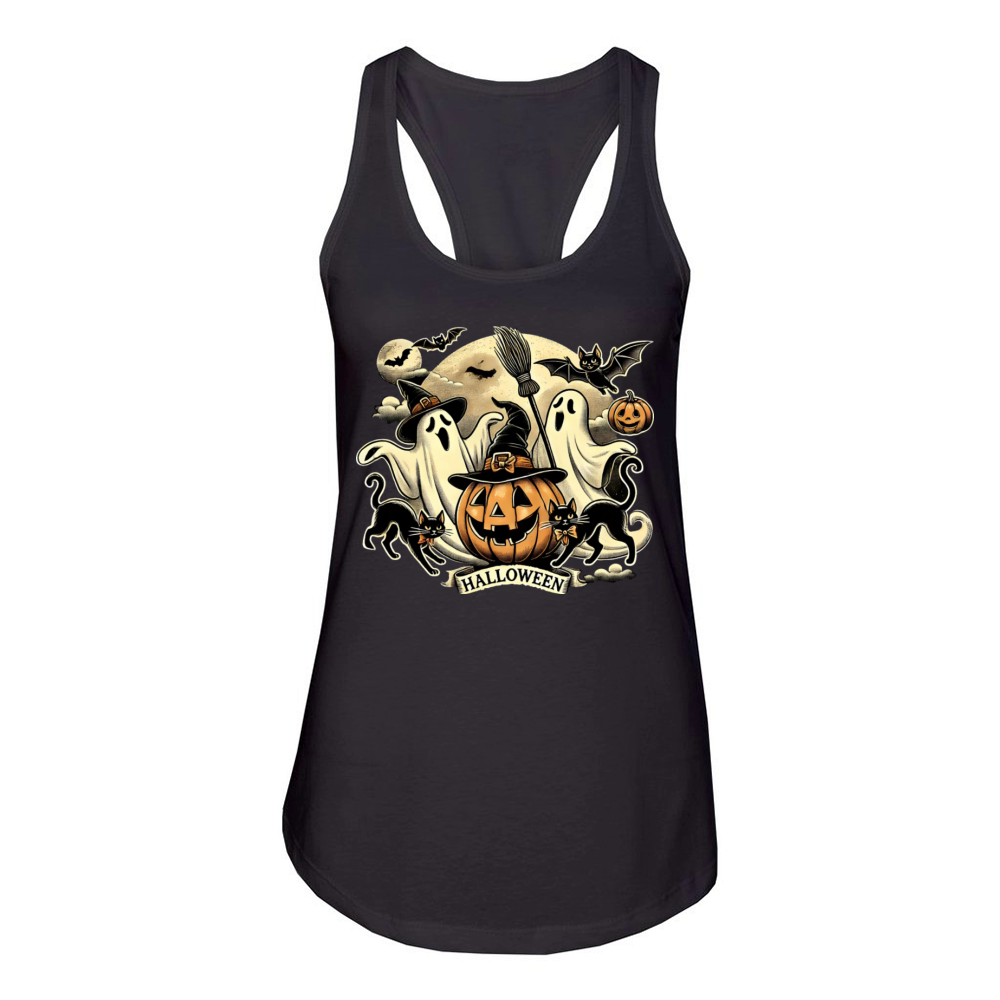 Vintage Halloween Ghosts and Black Cats Retro Women's Racerback Tank