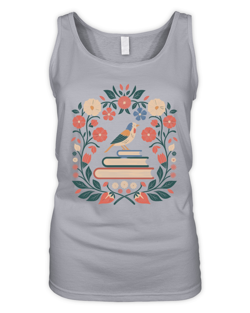 Cottagecore Bird and Books in Floral Harmony Organic Women's Tank Top