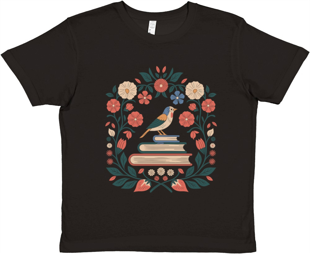 Cottagecore Bird and Books in Floral Harmony Premium Kids Crewneck T-shirt