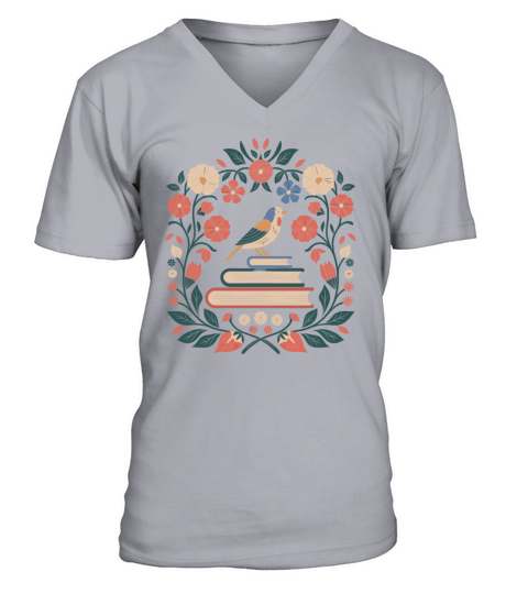 Cottagecore Bird and Books in Floral Harmony V-Neck T-shirt