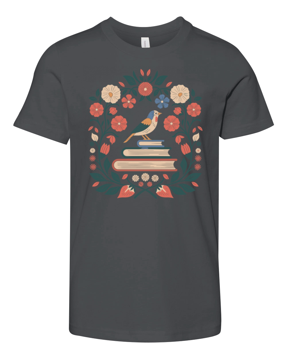 Cottagecore Bird and Books in Floral Harmony Youth Unisex Jersey Tee