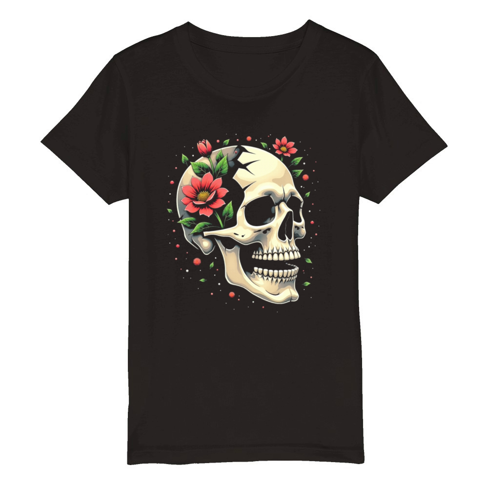 Floral Skull Design Organic Kids Crewneck T-shirt