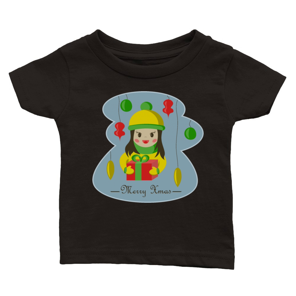 Merry Xmas vintage girl with Christmas gift box Classic Baby Crewneck T-shirt