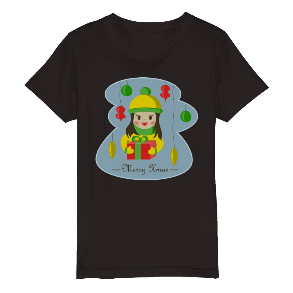 Merry Xmas vintage girl with Christmas gift box Organic Kids Crewneck T-shirt