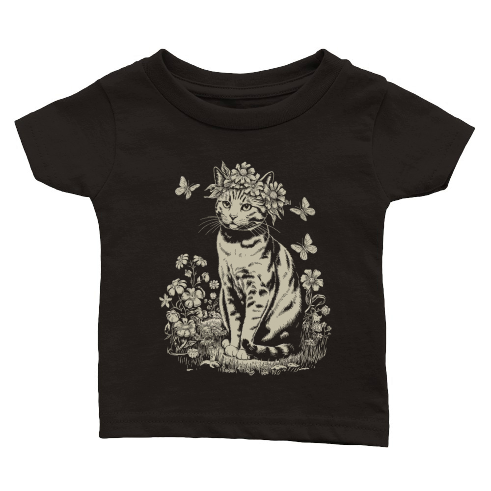 Cottagecore Cat with Flower Crown in Garden Classic Baby Crewneck T-shirt