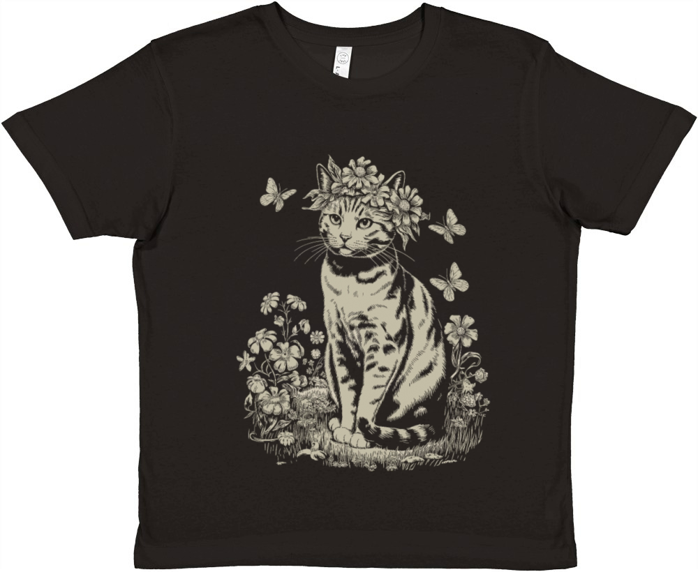 Cottagecore Cat with Flower Crown in Garden Premium Kids Crewneck T-shirt