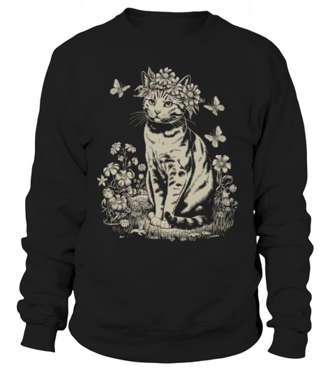 Cottagecore Cat with Flower Crown in Garden Sweatshirt Unisex