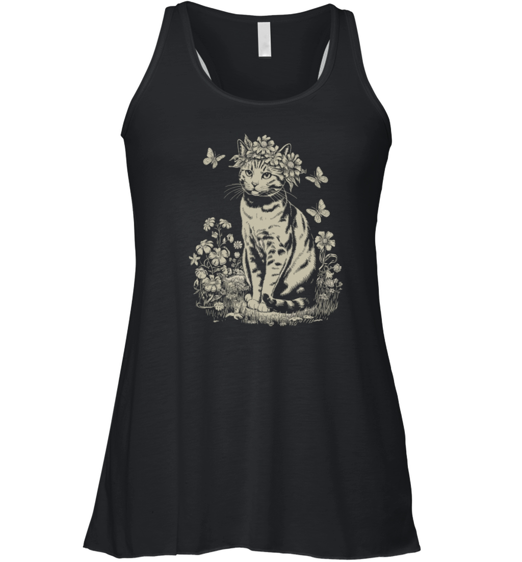 Cottagecore Cat with Flower Crown in Garden Women's Flowy Tank Top