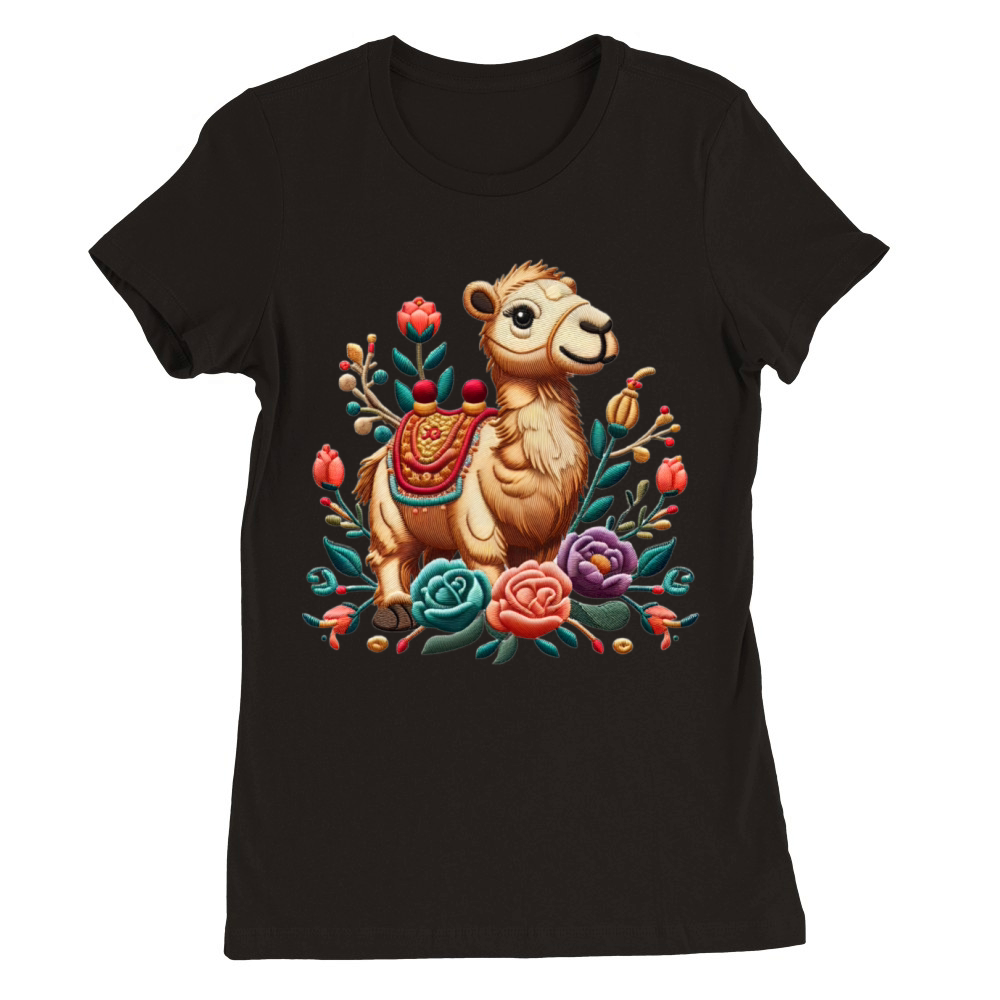 Charming Camel with Floral Ornaments Premium Womens Crewneck T-shirt