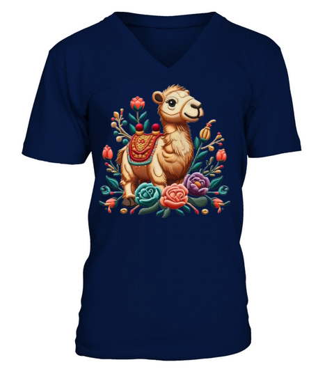 Charming Camel with Floral Ornaments V-Neck T-shirt