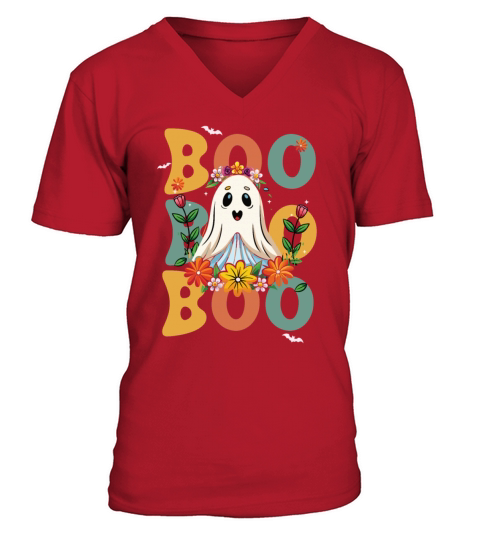 Halloween Boo Ghost Spooky Season Vintage Floral W V-Neck T-shirt