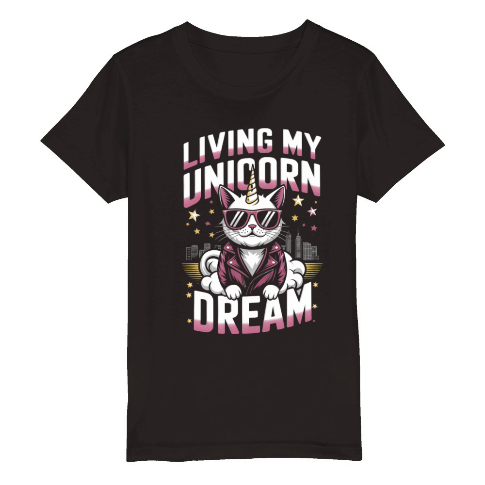 Magical Unicorn Cat Living the Dream in Retro Organic Kids Crewneck T-shirt