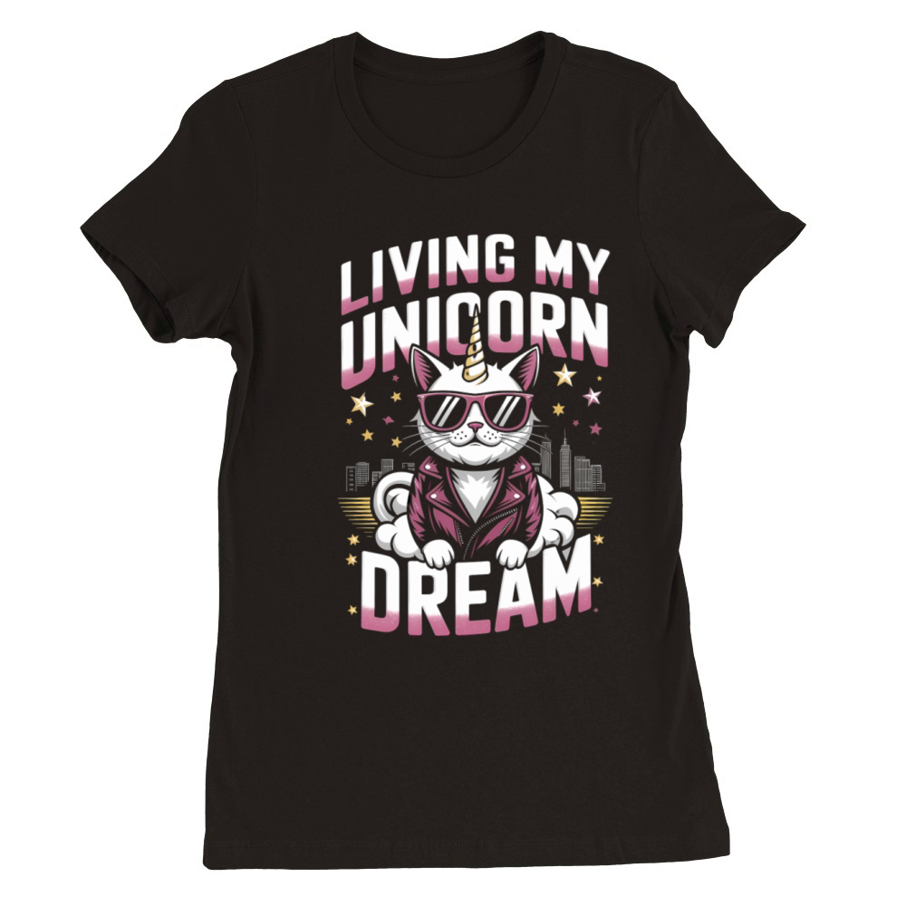 Magical Unicorn Cat Living the Dream in Retro Premium Womens Crewneck T-shirt