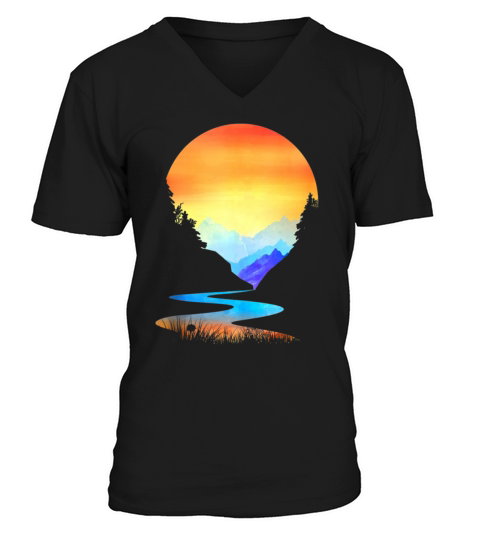 Outdoor Sunset Vintage Style Mountains Sun Nature V-Neck T-shirt