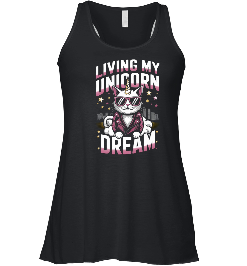 Magical Unicorn Cat Living the Dream in Retro Women's Flowy Tank Top