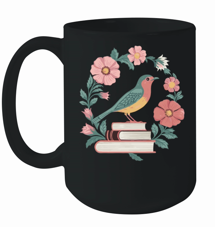 Cottagecore Bird and Books with Floral Beauty Ceramic Mug