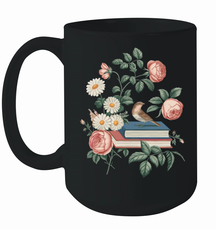 Cottagecore Books with Roses and Bird Ceramic Mug