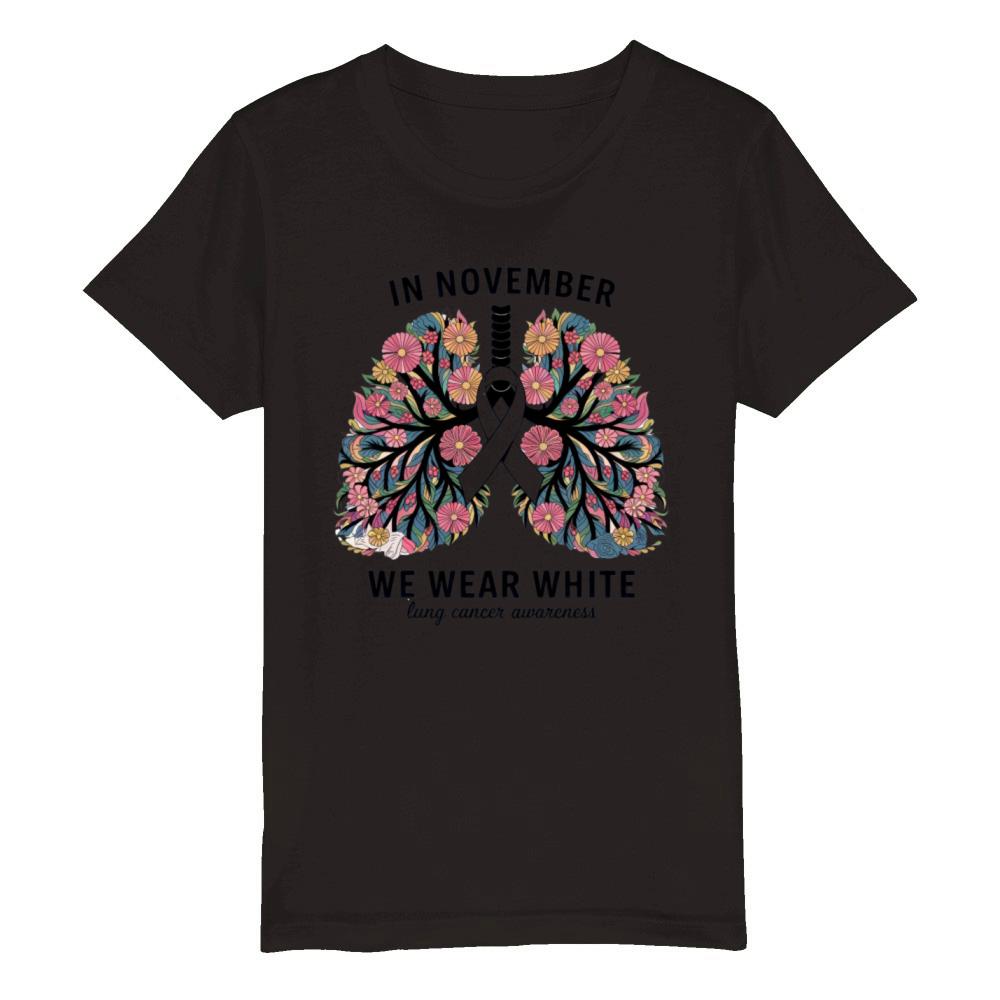 Floral Lungs White Ribbon Lung Cancer Awareness Organic Kids Crewneck T-shirt