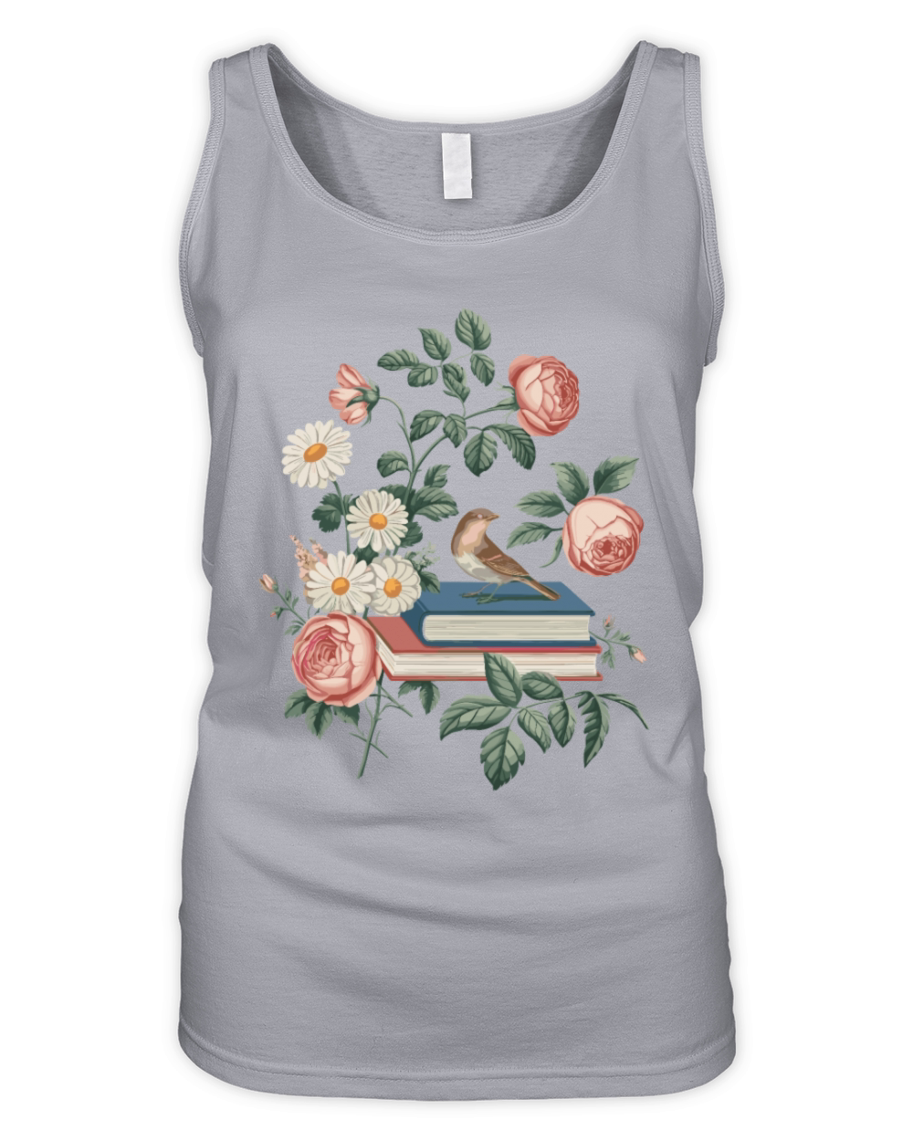 Cottagecore Books with Roses and Bird Organic Women's Tank Top