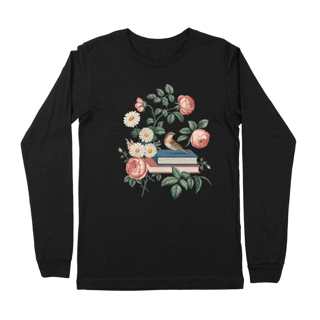 Cottagecore Books with Roses and Bird Premium Long Sleeve