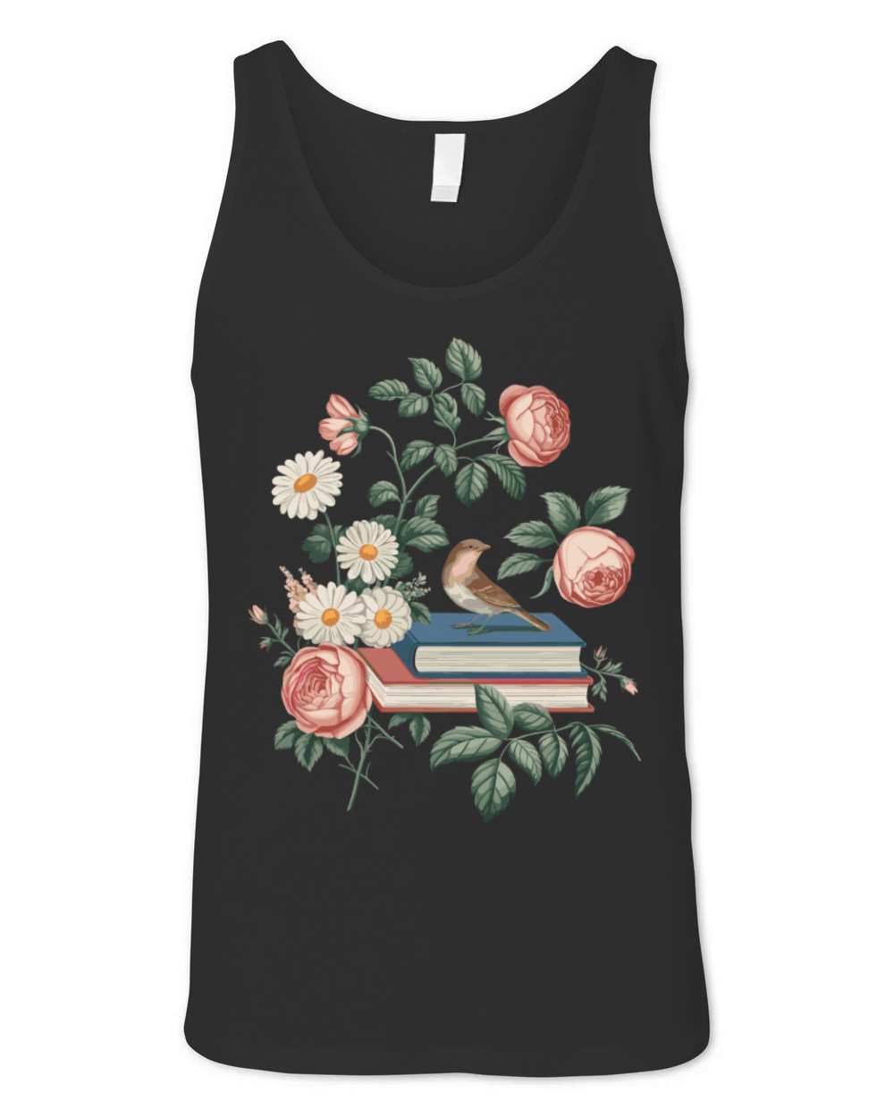 Cottagecore Books with Roses and Bird Unisex Jersey Tank
