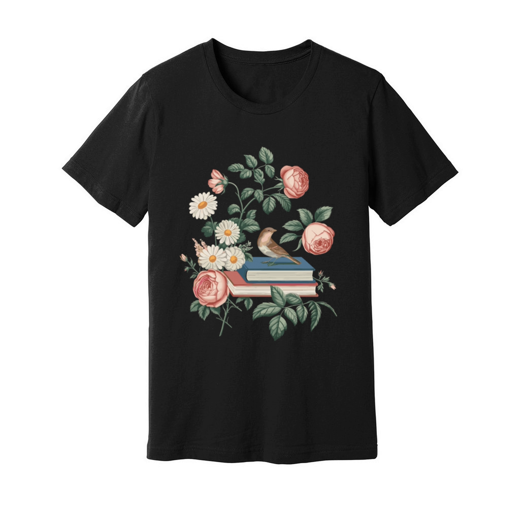 Cottagecore Books with Roses and Bird Unisex Jersey Tee