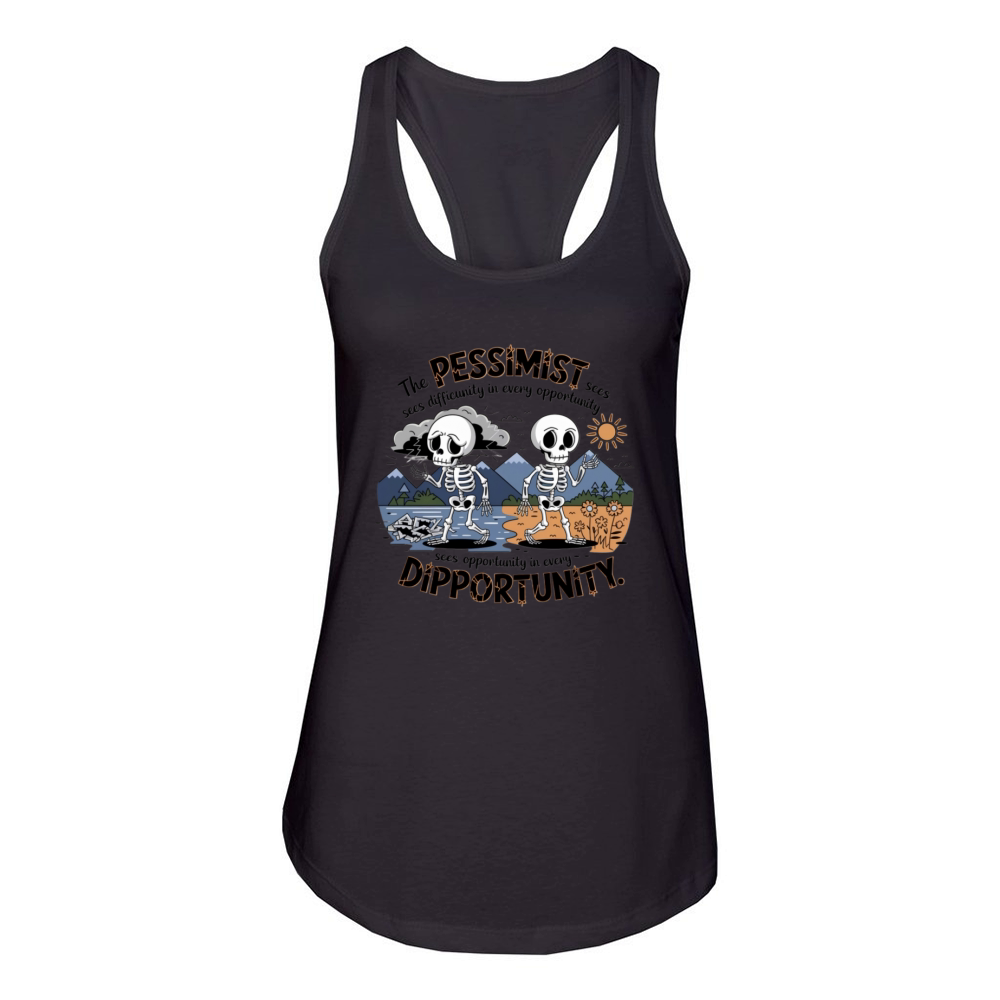 The pessimist sees difficulty in every opportunity Women's Racerback Tank