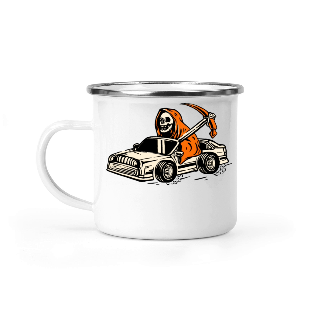 Vintage Halloween Hot Rod Car with Skeleton Camping Mug
