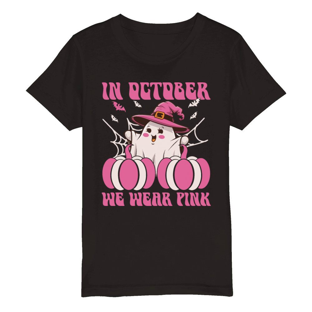 In October We Wear Pink Halloween cute ghost Organic Kids Crewneck T-shirt