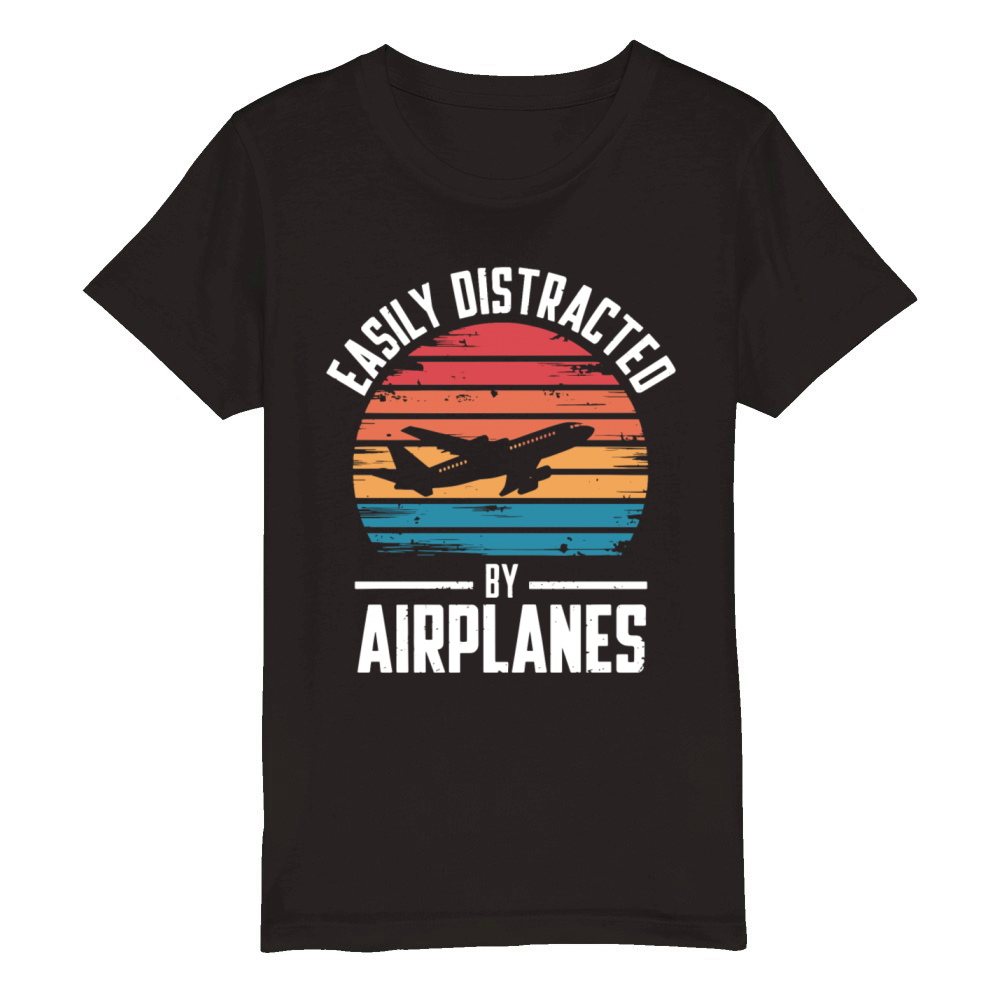 Easily Distracted by Airplanes Vintage Aviation Organic Kids Crewneck T-shirt