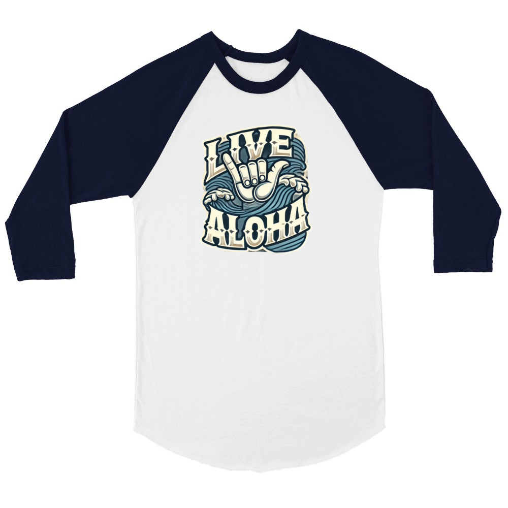Live Aloha in large wavy retro style shaka hand Unisex ¾ sleeve Raglan T-shirt