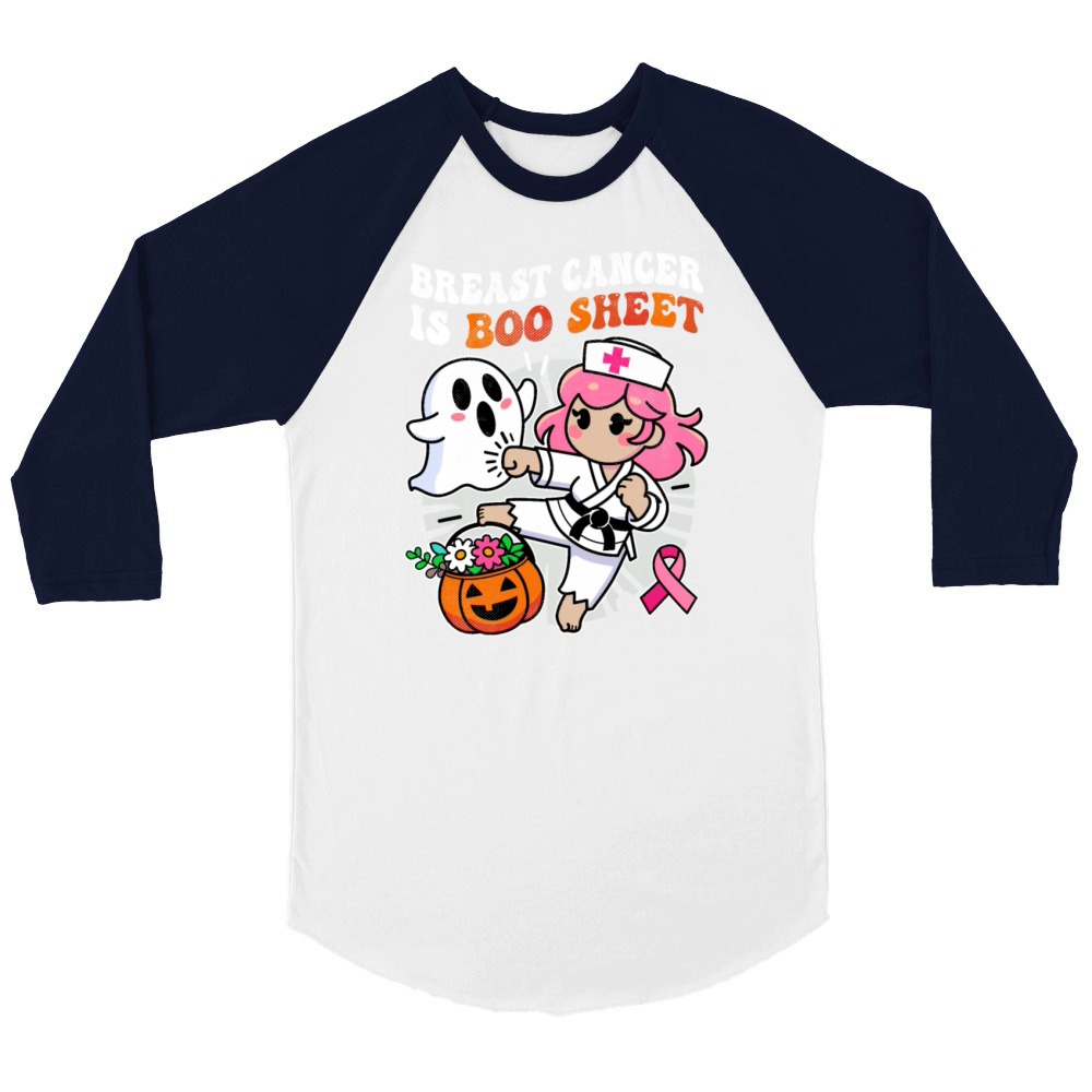 Nurse Breast Cancer Ghost Halloween Awareness Unisex ¾ sleeve Raglan T-shirt