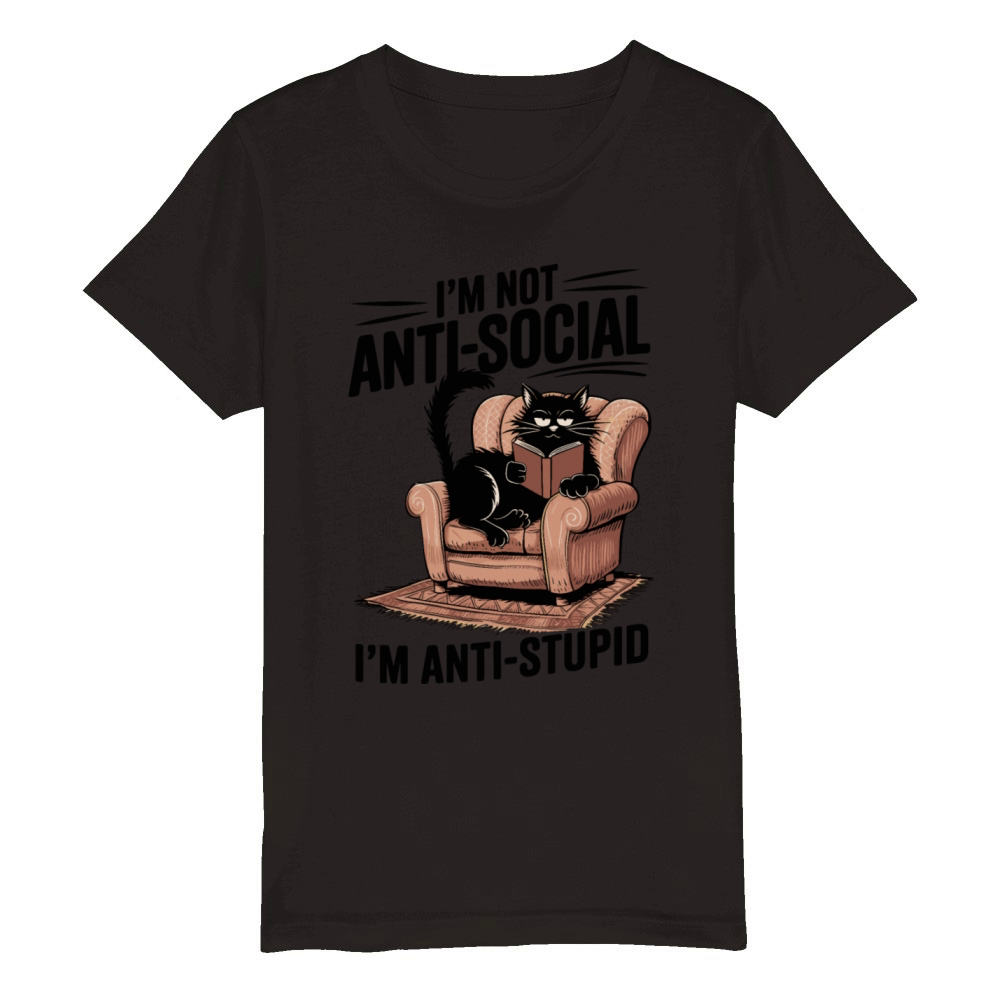 Anti-Social Cat Funny Introvert Sarcastic Humor Organic Kids Crewneck T-shirt