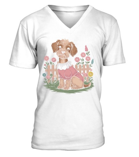 Cottagecore Cozy Dog in Floral Garden V-Neck T-shirt