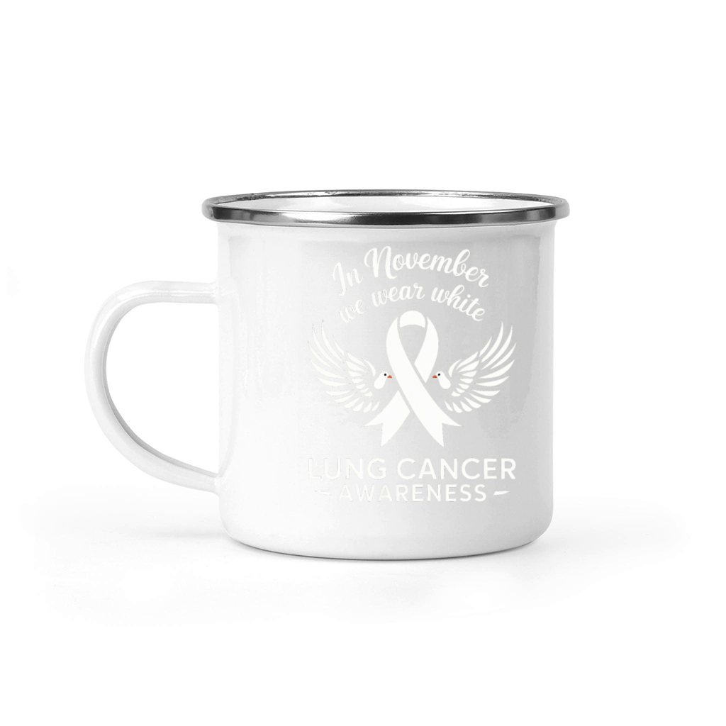 White Ribbon and Doves Lung Cancer Awareness Camping Mug