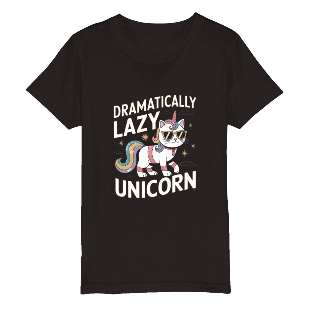Dramatically Lazy Unicorn Cat with Rainbow Vibes Organic Kids Crewneck T-shirt