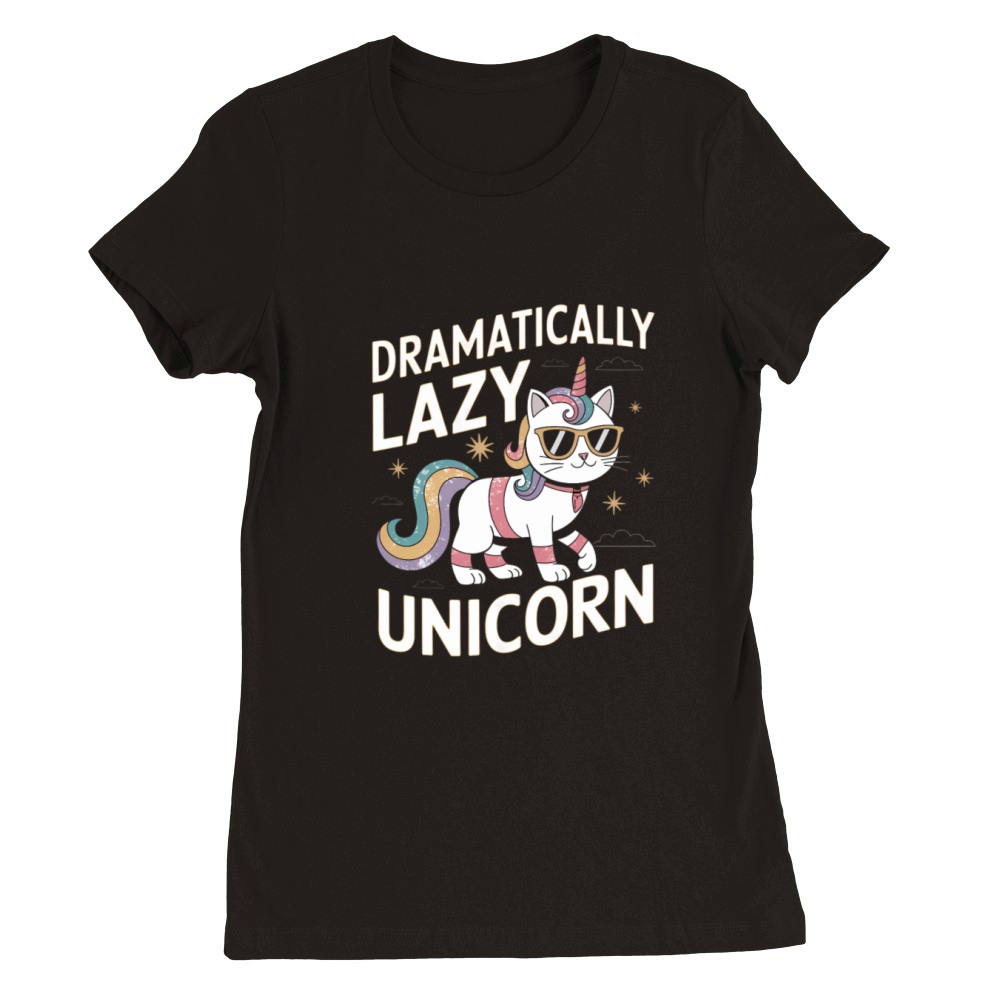 Dramatically Lazy Unicorn Cat with Rainbow Vibes Premium Womens Crewneck T-shirt