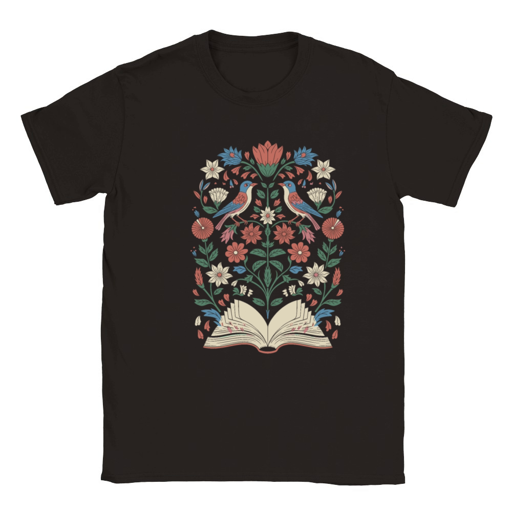 Cottagecore Birds and Blossoms with Open Book Classic Kids Crewneck T-shirt