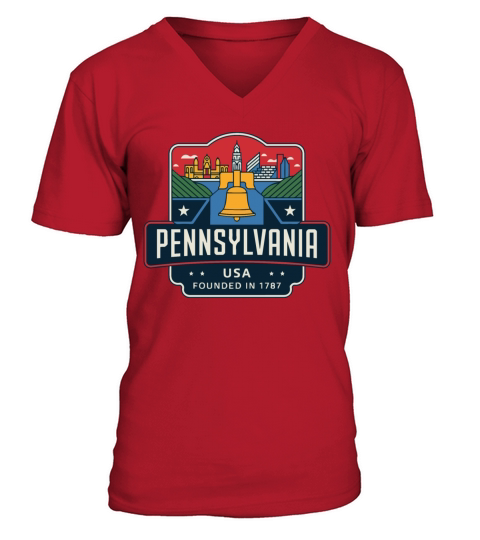 Pennsylvania Emblem with Liberty Bell and Skyline V-Neck T-shirt