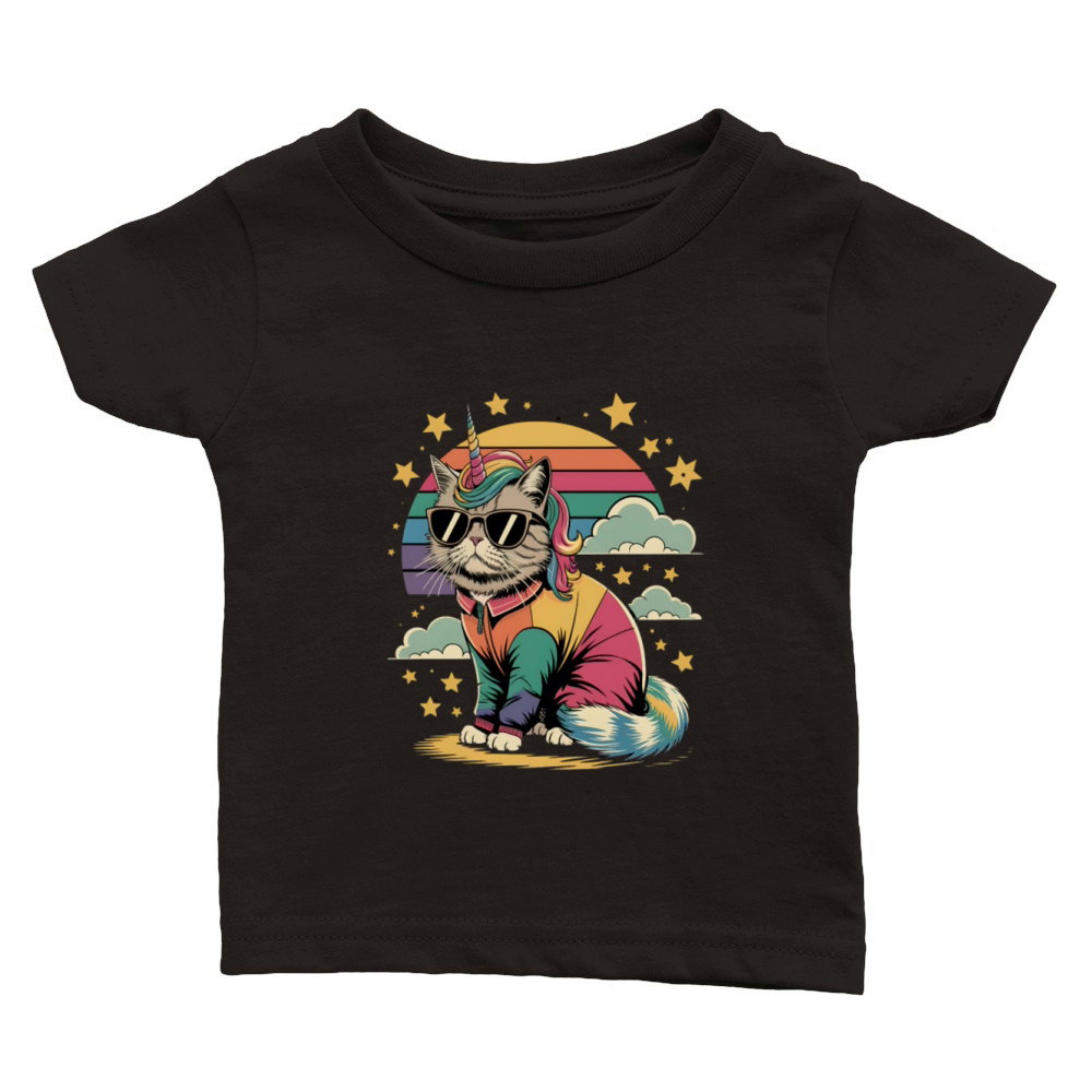 Dramatic Unicorn Cat in Sunglasses Relaxing Classic Baby Crewneck T-shirt